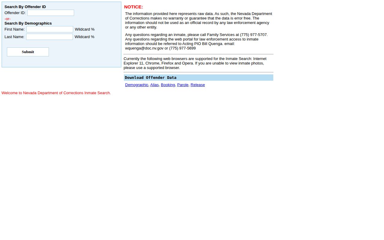 Nevada DOC offender record search for post-sentencing custody