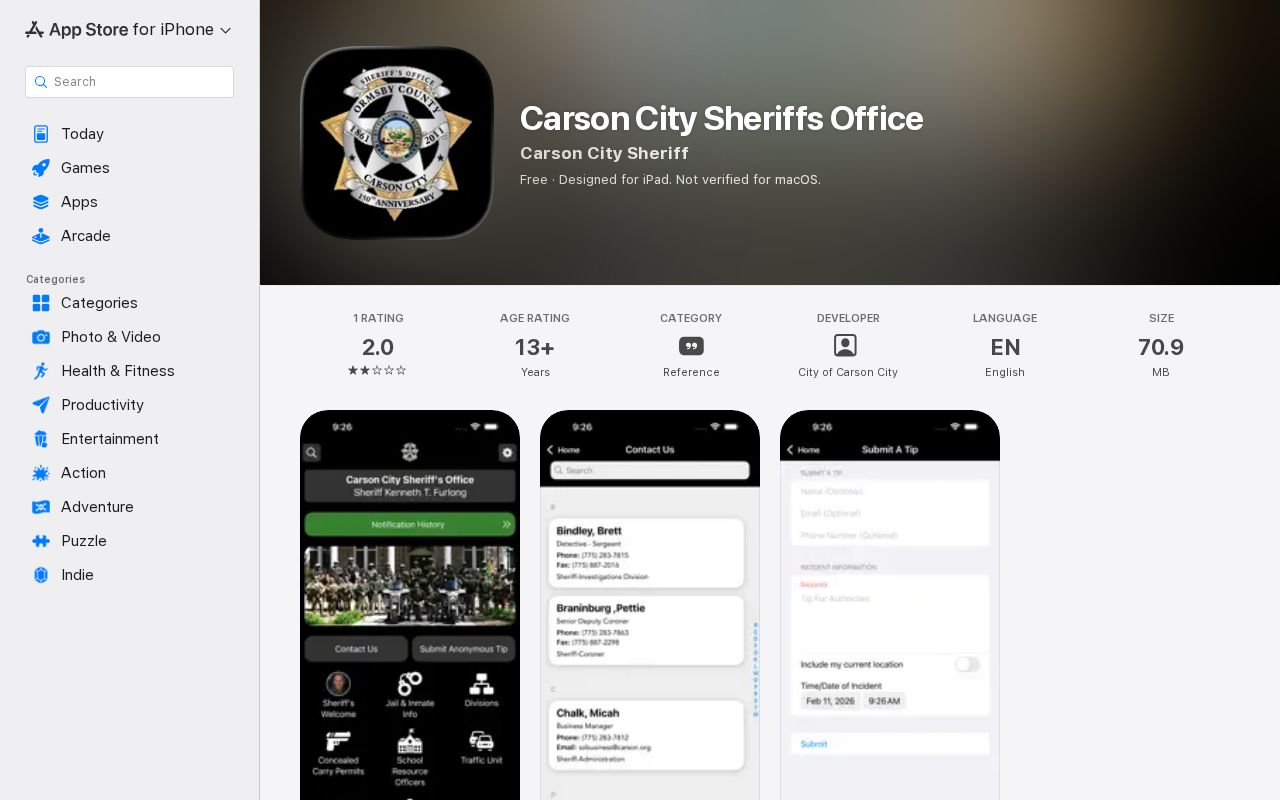 Carson City Sheriff app listing with public safety and jail information