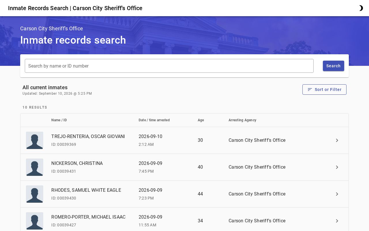 Carson City Detention linked records search interface