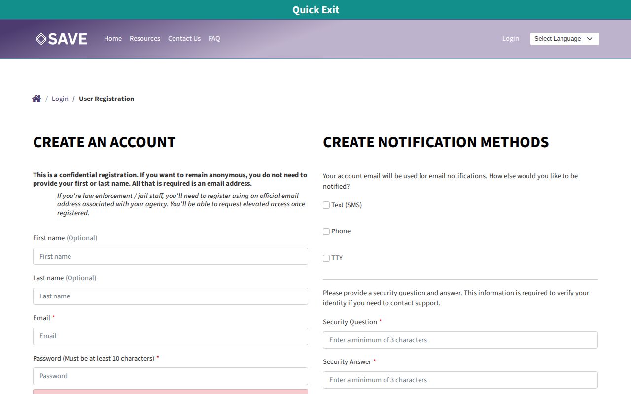Nevada SAVE current user registration screen