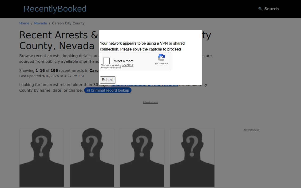Unofficial RecentlyBooked Carson City recent arrests index interface