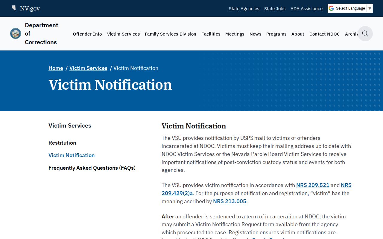 Nevada Department of Corrections victim notification and SAVE guidance